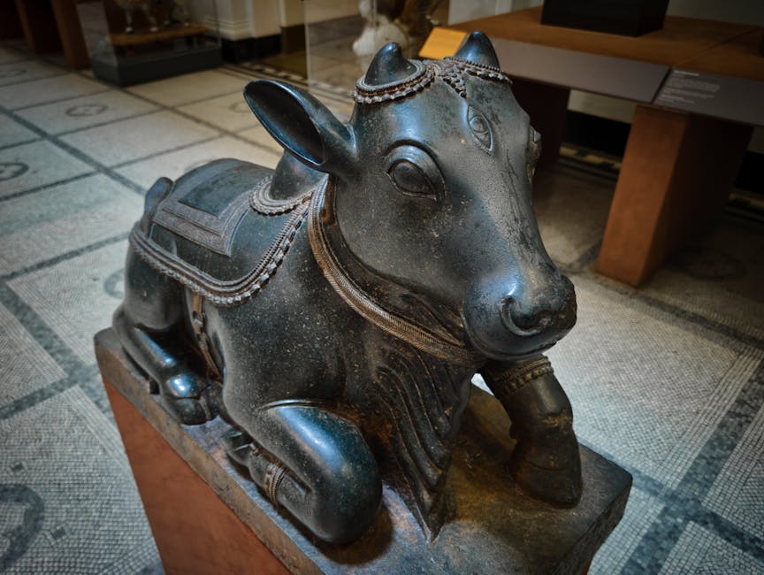 A detailed image of a small, ancient black stone sculpture of a bull, positioned on a wooden base within an indoor setting. The sculpture features a smooth, polished surface with carved decorative elements including a saddle-like ornament on its back, embellished with intricate patterns. The bull's head is slightly raised with prominent ears, small horns, and expressive eyes carved into the stone. Its legs are sturdy with defined hooves, and the overall craftsmanship displays a high level of detail and artistry. The background includes a patterned carpet or rug with geometric designs, and part of a wooden table or display furniture is visible behind the sculpture. The lighting in the environment emphasizes the sculpture's glossy finish and detailed carvings, making it a notable piece that could be part of an exhibition or collection, relevant in contexts of historical or cultural artefact preservation, which aligns with the theme of proper handling and disposal of valuable or delicate items in a secure manner that may involve specialist waste or artefact removal services provided by companies like Rubbish Removal Knightsbridge.